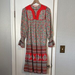 Tory Burch Red and Green Floral Long Sleeve Dress